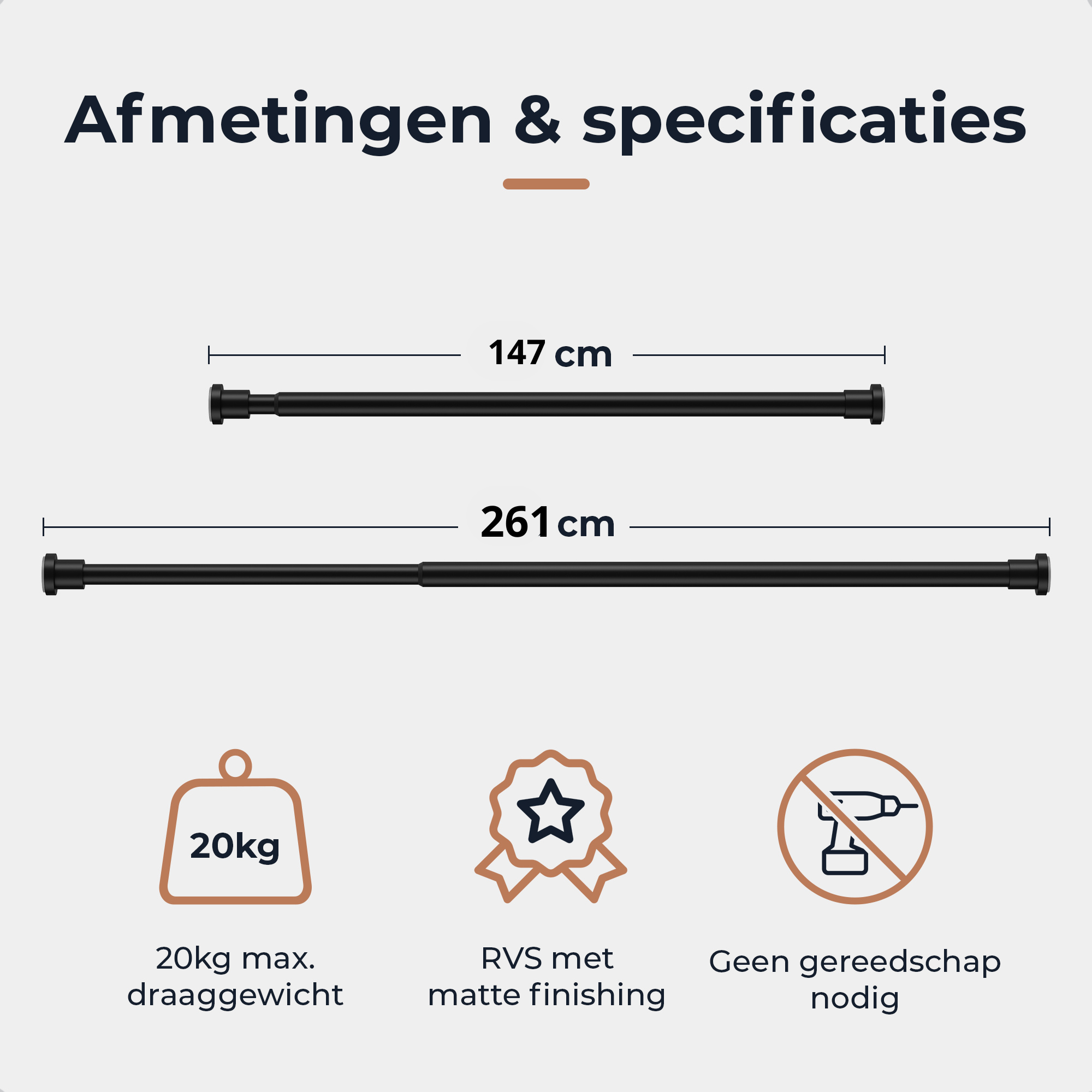 GEON™ Uitschuifbare gordijnroede - Zelf opspannende gordijnroede 147 - 261 CM